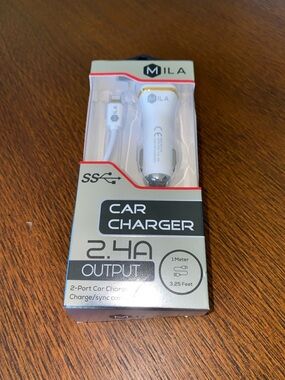 MILA 2.4A White & Gold Dual-Port Car Charger with Lightning Cable